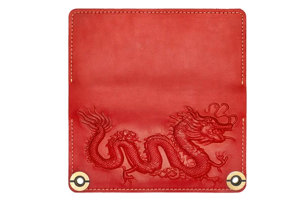Big Red Leather Wallet Button White Background Dragon Print Top Imagen de archivo