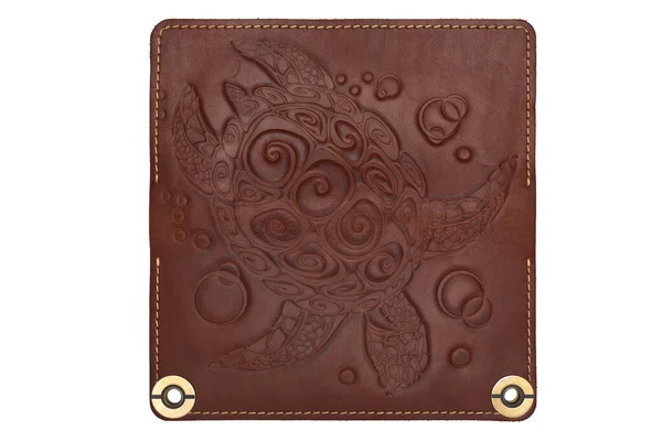 Big Brown Leather Wallet Button White Background Turtle Print Top Imagen de stock