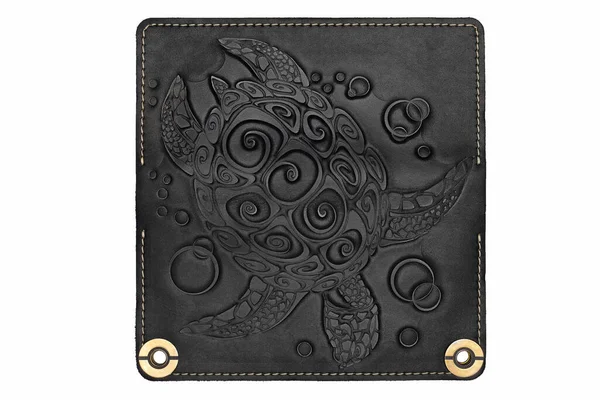 Big Black Leather Wallet Button White Background Turtle Print Top Imágenes de stock libres de derechos