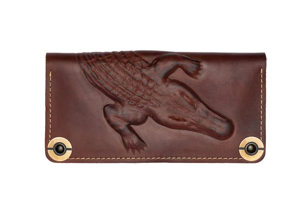 Big Brown Leather Wallet Button White Background Crocodile Print Top Imágenes de stock libres de derechos