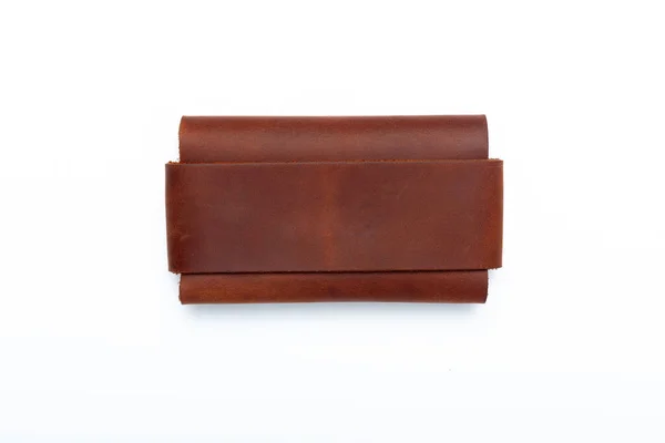 Small Brown Leather Wallet Buttons White Background Top View Imagen de archivo
