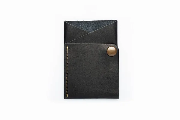 Fekete Bőrpénztárca Egy Gombon Fehér Háttérrel Kártyatulajdonos Felülnézet Stock Kép