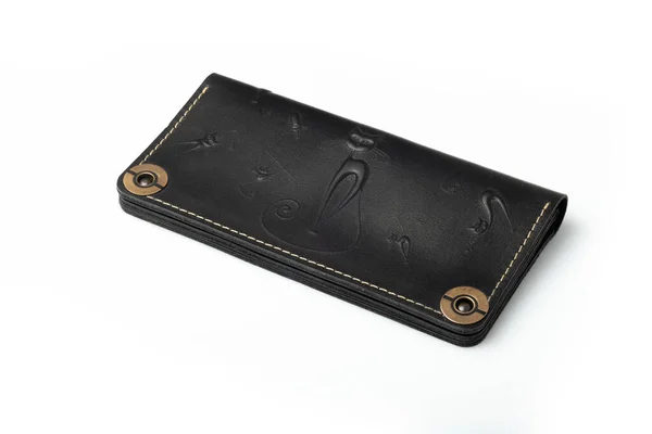 Big Black Leather Wallet Button White Background Top View Imagen de stock