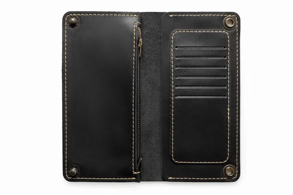 Big Black Leather Wallet Button White Background Top Open View Imágenes de stock libres de derechos