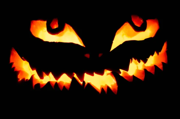 Close Shot Scary Candle Lit Pumpkin Face — Stock Photo, Image