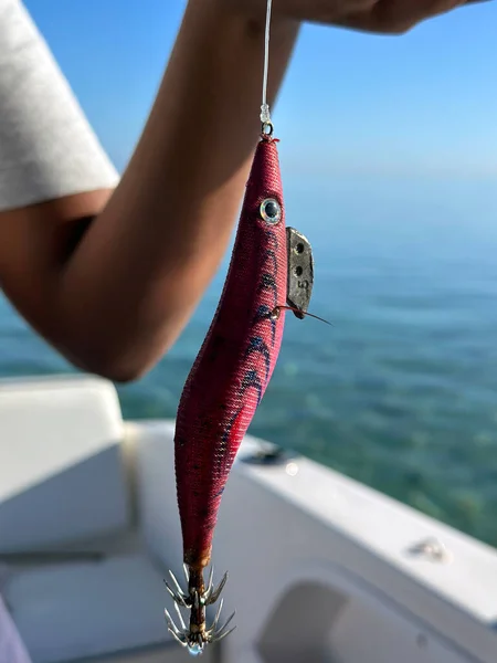 Close Shot Coloured Squid Bait Held Hand — Stock Photo, Image