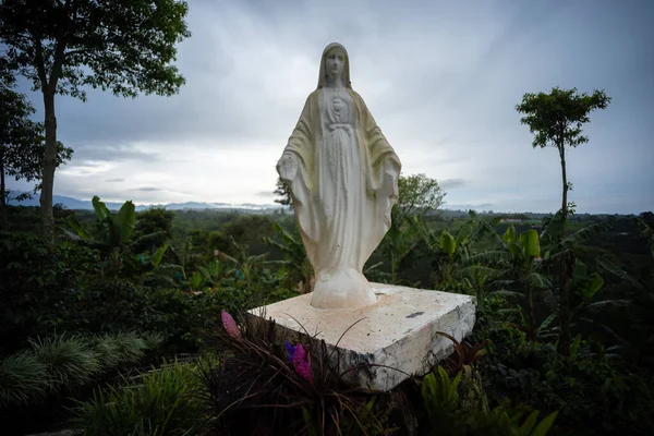 Bulutlu Bir Günde Kırsalın Ortasında Bakire Meryem Heykeli — Stok fotoğraf