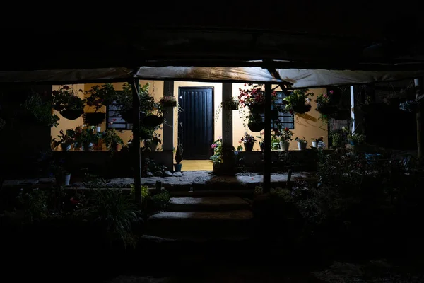 Maison Campagne Dans Emplacement Sombre Pleine Plantes Pots Suspendus Entrée — Photo