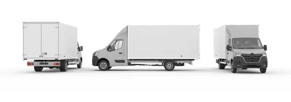 stock image Panel Van Mockup 3D Rendering, Delivery box truck advertising mockup, Cargo Express Van Vehicle, Pickup car on white background mock-up. It is easy ad some creative design or logo to this blank space