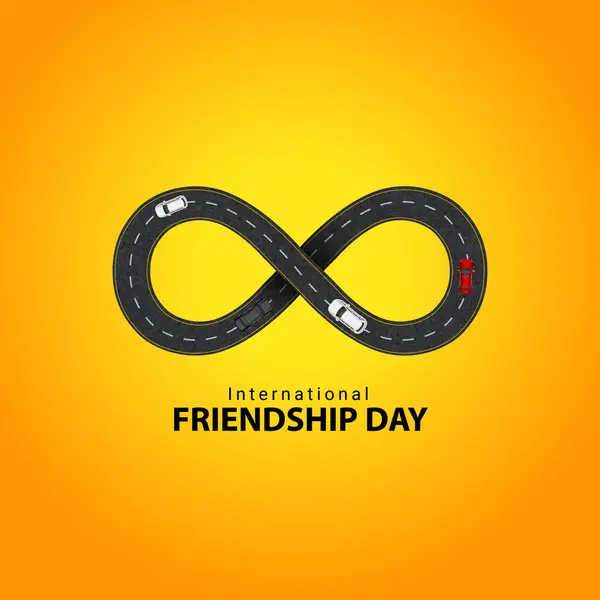 Uluslararası Dostluk Günü otomobili sonsuz yol tanıtım logosu tipografi tematik vektör illüstrasyonu benzersiz konsept tasarım fikri sonsuza dek birlikte izole edildi.