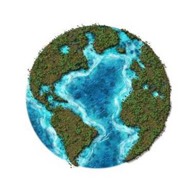 Yeşil Dünya haritası ağaç ormanı ve deniz ile izole edilmiş 3D, enerji tasarrufu ve yeşil çevre dostu bir dünya yaratma, vahşi yaşam konsepti, çevre günü, Dünya doğal yaşam günü, dünya günü