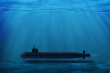 Mavi okyanustaki hedefine doğru ilerleyen bir nükleer denizaltının, ülkenin egemenlik ve deniz güvenliğindeki denizaltılarının ve donanma savaş gemilerinin 3D çizimi..