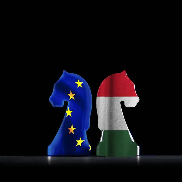 stock image Grunge EU VS Hungary national flags icon isolated on the chess, abstract Europe Hungary politics economy alliance relationship friendship divided conflicts chess concept texture wallpaper