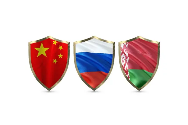 Belarus, Rusya ve Çin Reklamcılık konsepti. Üç ülkenin bayrak ve kalkanı beyaz arka planda, üç boyutlu illüstrasyon.