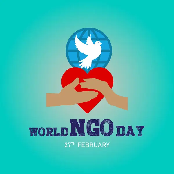 stock vector World NGO Day. 27th February.  Flying dove bird caring hand on rad heart love isolated, Template for background, banner, card, poster. vector illustration.