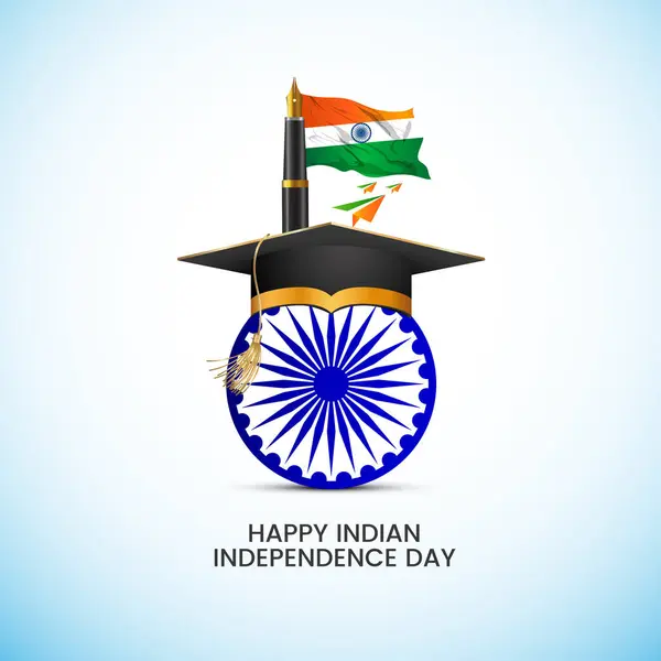 stock vector Independence Day Education School College University concept with tricolor Indian Flag Pen, Graduate Cap Freedom Ashoka Charkhi symbol greeting card design for Indian Happy Independence Vector  Design