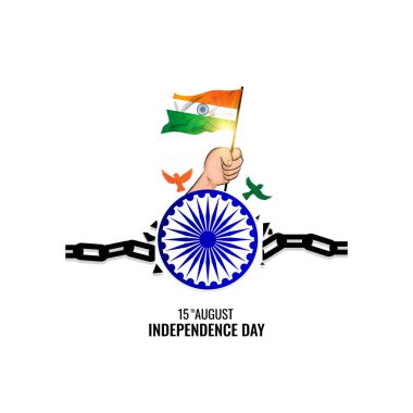 Independence Day concept with tricolor Indian Flag holding raised hand, Flying dove birds, Broken chain, Freedom, Charkhi symbol greeting card design for Indian Happy Independence Vector Illustration clipart