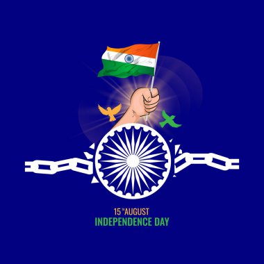 Independence Day concept with tricolor Indian Flag holding raised hand, Flying dove birds, Broken chain, Freedom, Charkhi symbol greeting card design for Indian Happy Independence Vector Illustration clipart