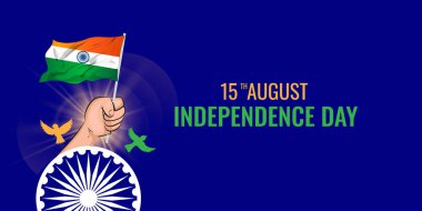 Independence Day concept with tricolor Indian Flag holding raised hand, Flying dove birds, Broken chain, Freedom, Charkhi symbol greeting card design for Indian Happy Independence Vector Illustration clipart