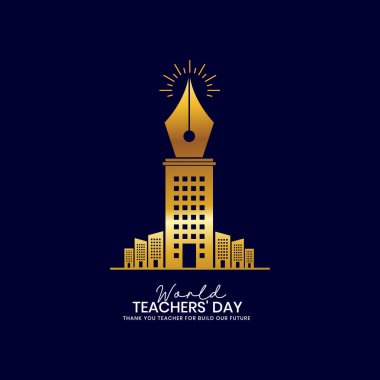 Happy Teachers Day Builders Housing Concept Design for banner posters, World Teacher's Day Logo, Vector art & typography design elements for congratulation cards, banners, and flyers. Pen pencil book education teacher and students 