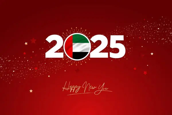 stock vector Colorful Happy New Year Festival Design Banner, New Year 2025 Logo with Arab Emirates Flag on Red-Maroon Confetti and star Background, Calendar 2025, Social Media New Year Banner, Post Card, Greetings