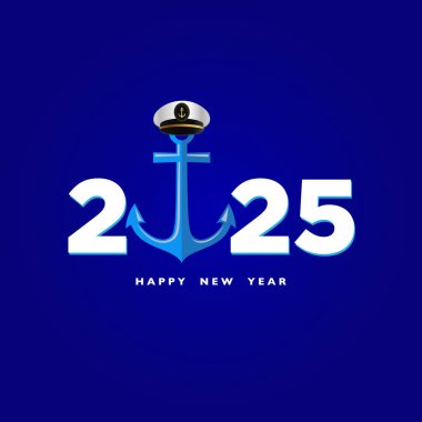 Navy New Year 2025 Creative Web Banner Design, Navy officer, Soldier cap, Anchor, and flag wave on isolated Background, Navy warships, Wishing Greeting Card. Beautiful Calligraphy of Navy Day. Marine new year clipart