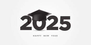 Siyah şapkalı 2025 numara, lisansüstü sınıf logosu diplomalı logo defne çelengi ve mezuniyet şapkası. Kutlama etkinliği, tişört, parti, lise ya da üniversite mezunu. Eğitim Yeni Yıl Yaratıcı Kavram Tasarımı