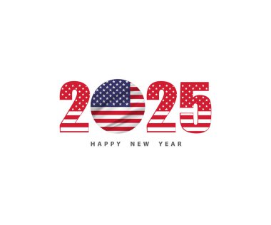 2025 yılındaki Amerikan bayrağı ve sembolüyle yeni yıl, 2025 Mutlu Yıllar ABD logo metin tasarımı takvimi, Dilek kartı, Poster, Banner, Yazıcı ve Dijital medya vb. kullanılabilir. Vektör illüstrasyonu