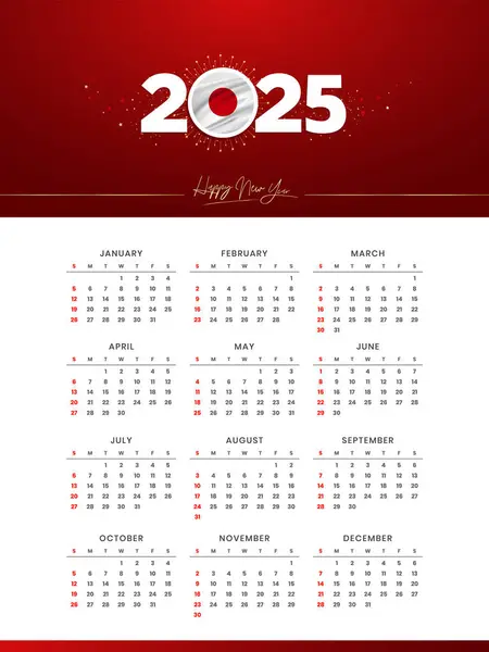 stock vector Colorful luxury Happy New Year 2025 Festive Calendar Design, 2025 Logo with Japan Flag on Red-Golden Confetti and star Background, Calendar January to December 12 Months, Happy New Year Japan