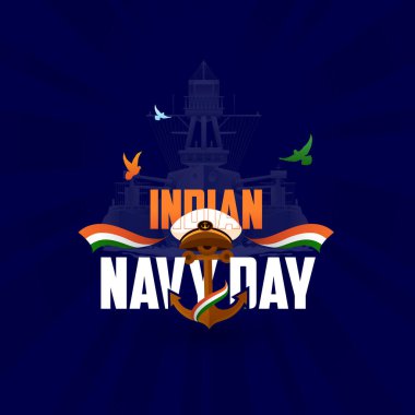 Indian Navy Day celebration poster, Navy Day creative advertising social media post banner design background. Navy officer cap, Anchor, and Indian flag on isolated vector illustration clipart