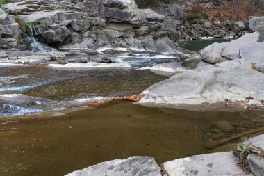 Dağ nehir taşları ile. Hızlı su mevcut. Su fotoğraf doku. Tropik duvar kağıdı gri nehirde. Rafting nehir orman içinde. Sıçratan hızlı nehir doku. Doğal su doku. Taze bahar Üstten Görünüm