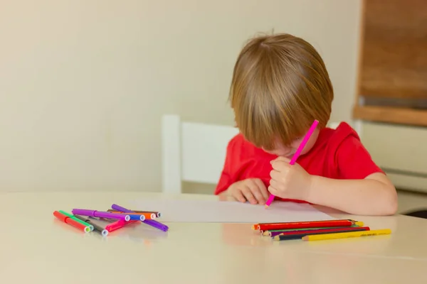 a child boy draws with pencils while sitting at the table. children\'s entertainment, leisure, activities, educational games