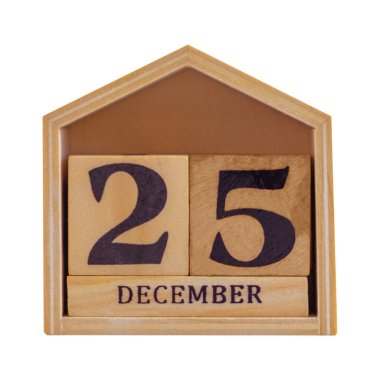 25 Aralık tarihli ahşap dekoratif takvim beyaz arka planda. Kutlama, kış tatili ve Noel konsepti. izole nesne
