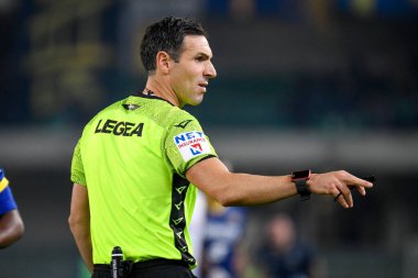 İtalyan futbol takımı Serie A maçında Juan Luca Sacchi 'nin portresi, 31 Ekim 2022' de İtalya 'nın Verona kentindeki Marcantonio Bentegodi stadyumunda Hellas Verona FC ile AS Roma maçında çekildi.