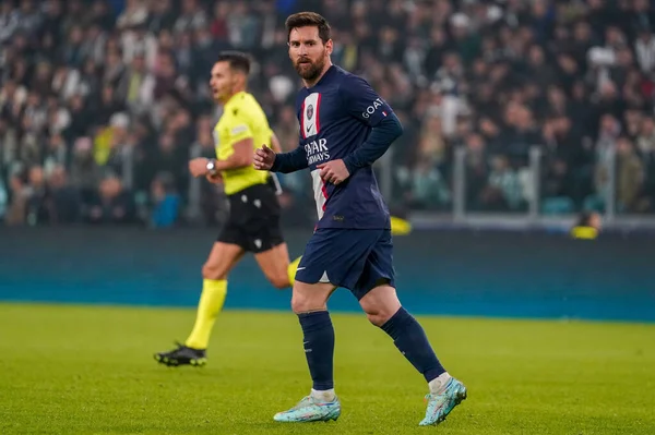 Lionel Messi Paris Saint Germain 在意大利都灵Allianz球场举行的欧洲冠军联赛足球赛Juventus Fc对Paris Saint Germain Credit — 图库照片
