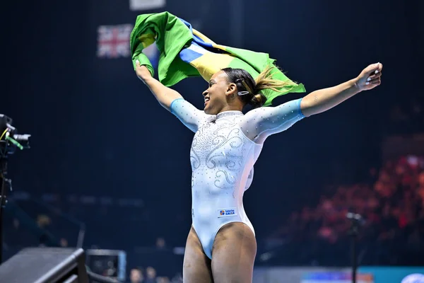 Celebración Rebeca Andrade Bra Con Bandera Durante Campeonato Mundial Gimnasia —  Fotos de Stock