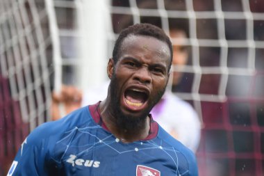 ABD 'li Lassana Coulibaly, Arechi Stadyumu' nda oynanan ABD Salernitana 1919-ABD Cremonese maçında atılan gol sonrasında sevinçten havalara uçtu - Fotoğraf: Agostino Gemito / LiveMedi