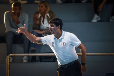 Anzio, İtalya 'daki Stadio del Nuoto' da Anzio Waterpolis 'e karşı oynanan Waterpolo İtalyan Serie A karşılaşmasında (Iren Genova Quinto) koç Bittarello (Iren Genova Quinto) - Fotoğraf: Bianca Simonett