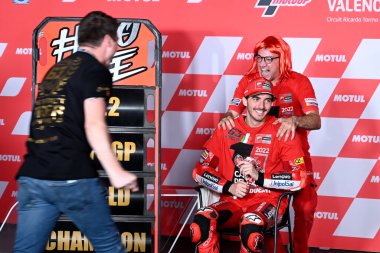 press conference after the race winner Francesco Bagnaia and team surprise in trhe room  during  MotoGP World Championship 2022 MotoGP Grand Prix of Spain - Gran Premio Motul de la Comunitat Valenciana - Press conference after race at the Circuit Ric clipart