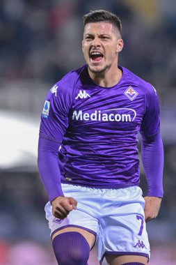 Luka Joviç (ACF Fiorentina) İtalya 'nın başkenti Floransa' daki Artemio Franchi Stadyumu 'nda oynanan ACF Fiorentina-US Salernitana maçında gol attıktan sonra kutlama yapıyor - Fotoğraf: Lisa Guglielm