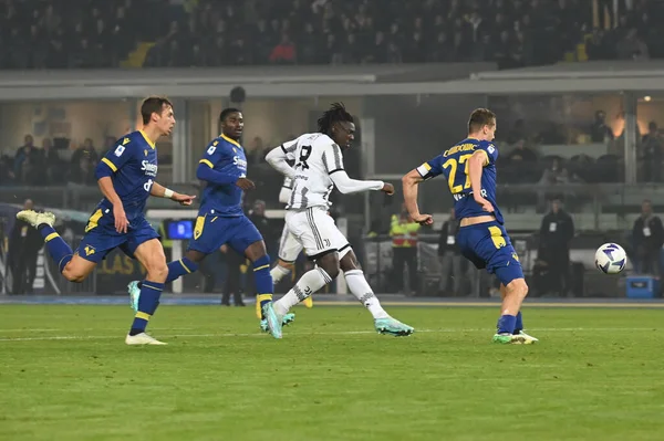 Moise Kean Juventus Zdobywa Podczas Włoskiej Piłki Nożnej Serie Mecz — Zdjęcie stockowe
