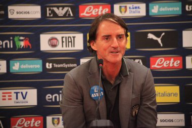 Roberto Mancini, Arnavutluk ve İtalya milli takımları arasında 15 Kasım 2022 'de Arnavutluk' un başkenti Air Albania Stadyumu 'nda oynanan dostça futbol maçından bir gün önce düzenlediği basın toplantısında İtalya' nın baş antrenörü oldu. Fotoğraf: Nderim Kaceli - Fotoğraf: Nde