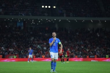 Arnavutluk ve İtalya milli takımları arasında 15 Kasım 2022 'de Arnavutluk' un başkenti Tiran 'daki Air Albania Stadyumu' nda oynanan futbol maçında İtalyan Leonardo Bonucci. Fotoğraf: Nderim Kaceli - Fotoğraf: Nderim Kaceli / LiveMedi