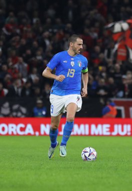 Arnavutluk ve İtalya milli takımları arasında 15 Kasım 2022 'de Arnavutluk' un başkenti Tiran 'daki Air Albania Stadyumu' nda oynanan futbol maçında İtalyan Leonardo Bonucci. Fotoğraf: Nderim Kaceli - Fotoğraf: Nderim Kaceli / LiveMedi