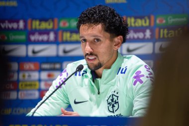 Brezilya Millî Futbol Takımı 'nın Brezilya Millî Futbol Konferansı sırasında Katar' da düzenlenen 2022 Dünya Kupası final sahnesinden önce 17 Kasım 2022 'de Torino, İtalya' da gerçekleştirilen Juventus Eğitim Merkezi 'nde Marquinhos. Fotoğraf: Nderim Kaceli - Fotoğraf: Nderim Kaceli / LiveMedi