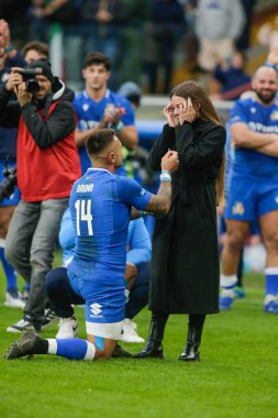 İtalya 'nın başkenti Cenova' da bulunan Luigi Ferrarsi Stadyumu 'nda 19 Kasım 2022' de İtalya ile Güney Afrika arasında oynanan rugby karşılaşması sırasında İtalya 'dan Pierre Bruno ile karşılaştı. Fotoğraf: Nderim Kaceli - Fotoğraf: Nderim Kaceli / LiveMedi