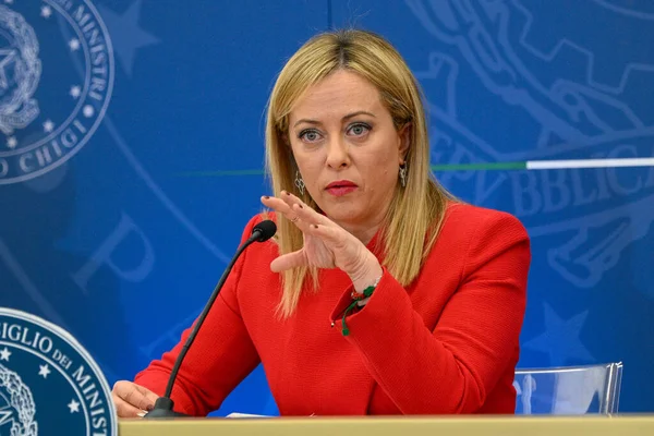 stock image Giorgia Meloni during the session press conference after the approval of the 2023 Budget bill by the Council of Ministerst October 25, 2022 in Rome, Italy. - Credit: Fabrizio Corradetti/LiveMedi