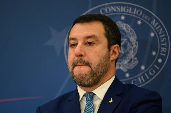 Matteo Salvini Durante Sesión Conferencia Prensa Después Aprobación Del Proyecto — Foto de Stock