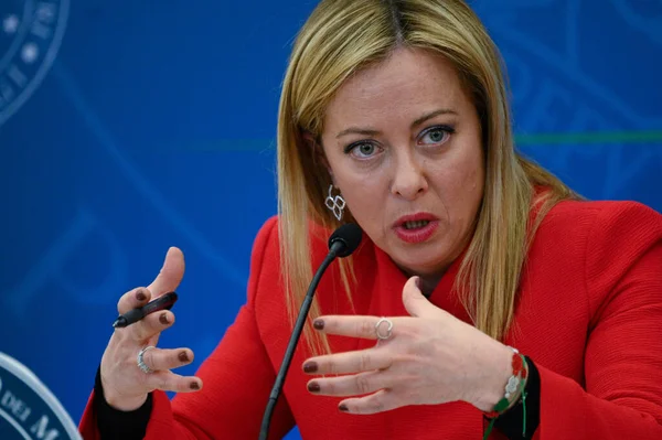 stock image Giorgia Meloni during the session press conference after the approval of the 2023 Budget bill by the Council of Ministerst October 25, 2022 in Rome, Italy. - Credit: Fabrizio Corradetti/LiveMedi