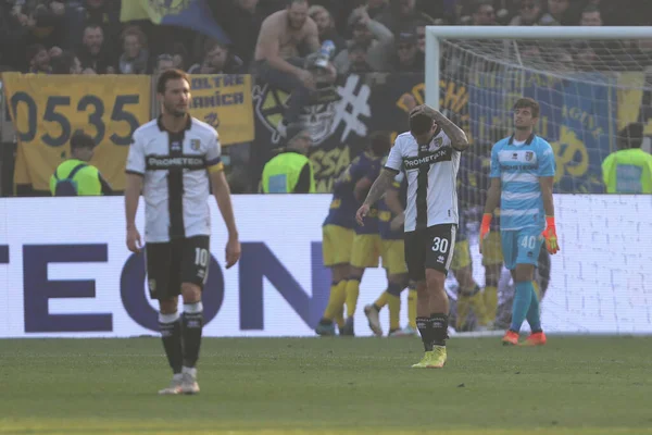 Jugadores Parma Reaccionan Durante Partido Fútbol Italiano Serie Parma Calcio —  Fotos de Stock
